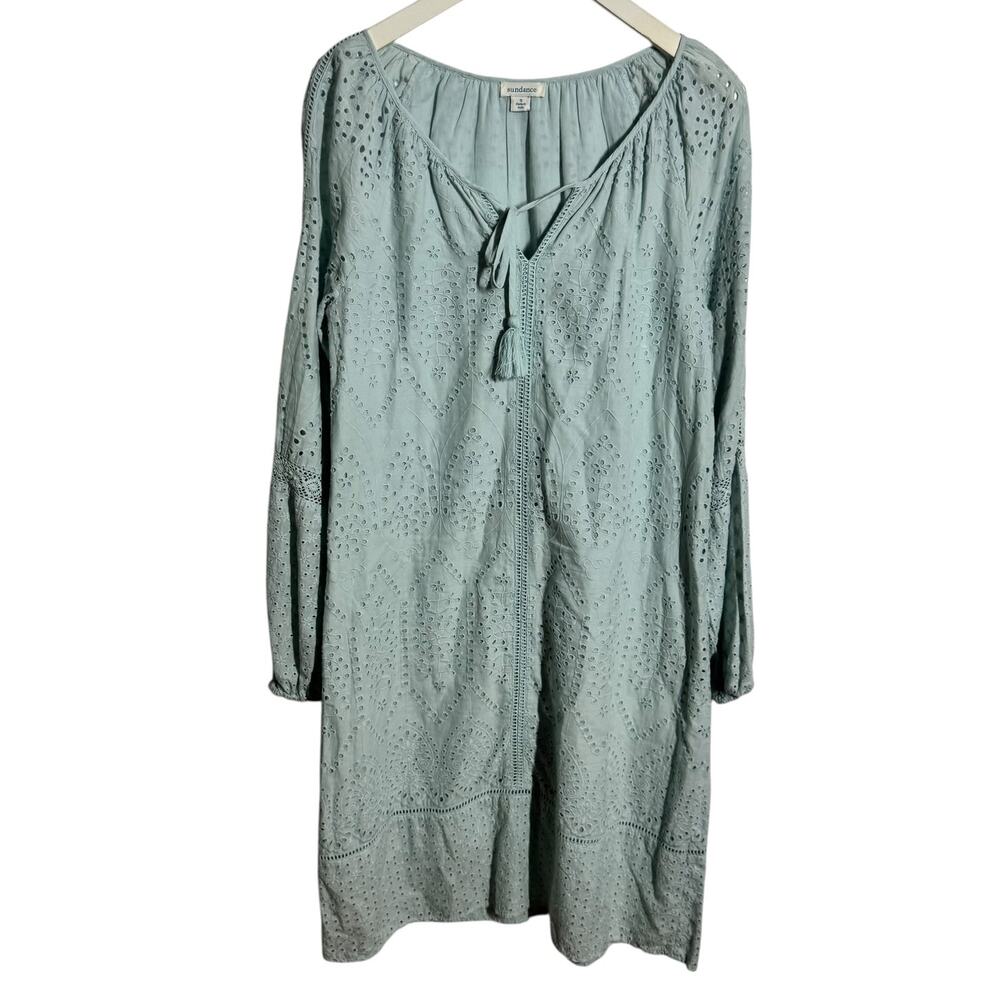Sundance Coastland Eyelet Long Sleeve Dress S Blue Eyelet Cotton Cottage Boho